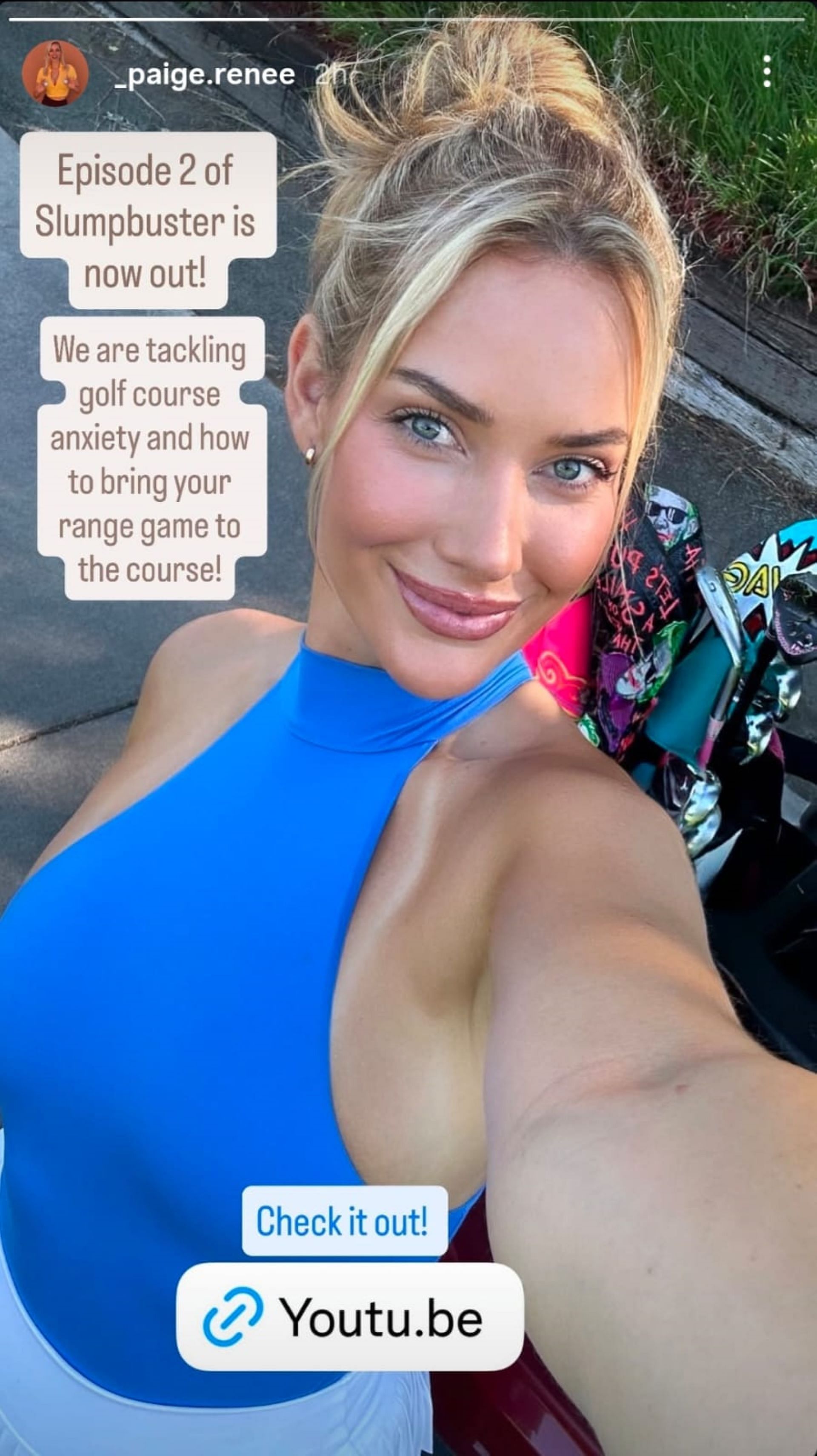 A screenshot of Paige Spiranacs's Instagram story in blue halter neck top (via @_paige.renee)